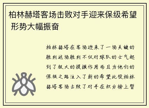 柏林赫塔客场击败对手迎来保级希望 形势大幅振奋