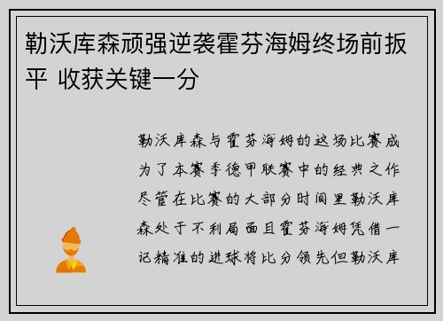 勒沃库森顽强逆袭霍芬海姆终场前扳平 收获关键一分