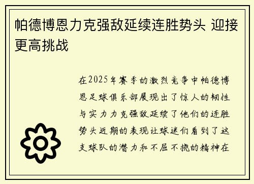 帕德博恩力克强敌延续连胜势头 迎接更高挑战