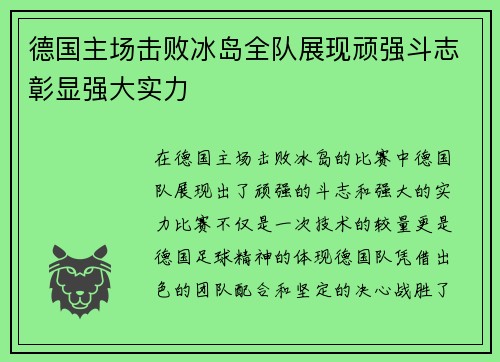 德国主场击败冰岛全队展现顽强斗志彰显强大实力