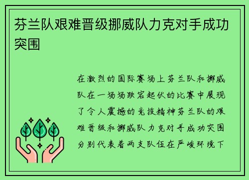 芬兰队艰难晋级挪威队力克对手成功突围