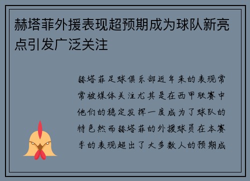 赫塔菲外援表现超预期成为球队新亮点引发广泛关注