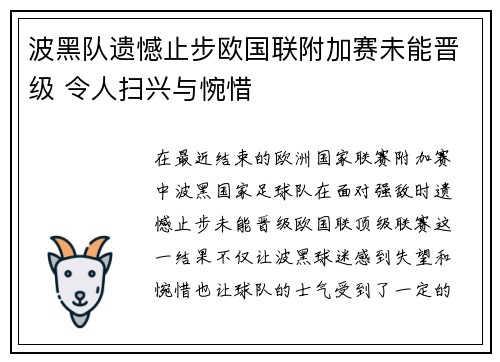 波黑队遗憾止步欧国联附加赛未能晋级 令人扫兴与惋惜